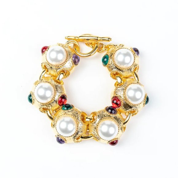KENNETH JAY LANE SATIN GOLD AND PEARL CENTER BRACELET WITH MULTICOLOR